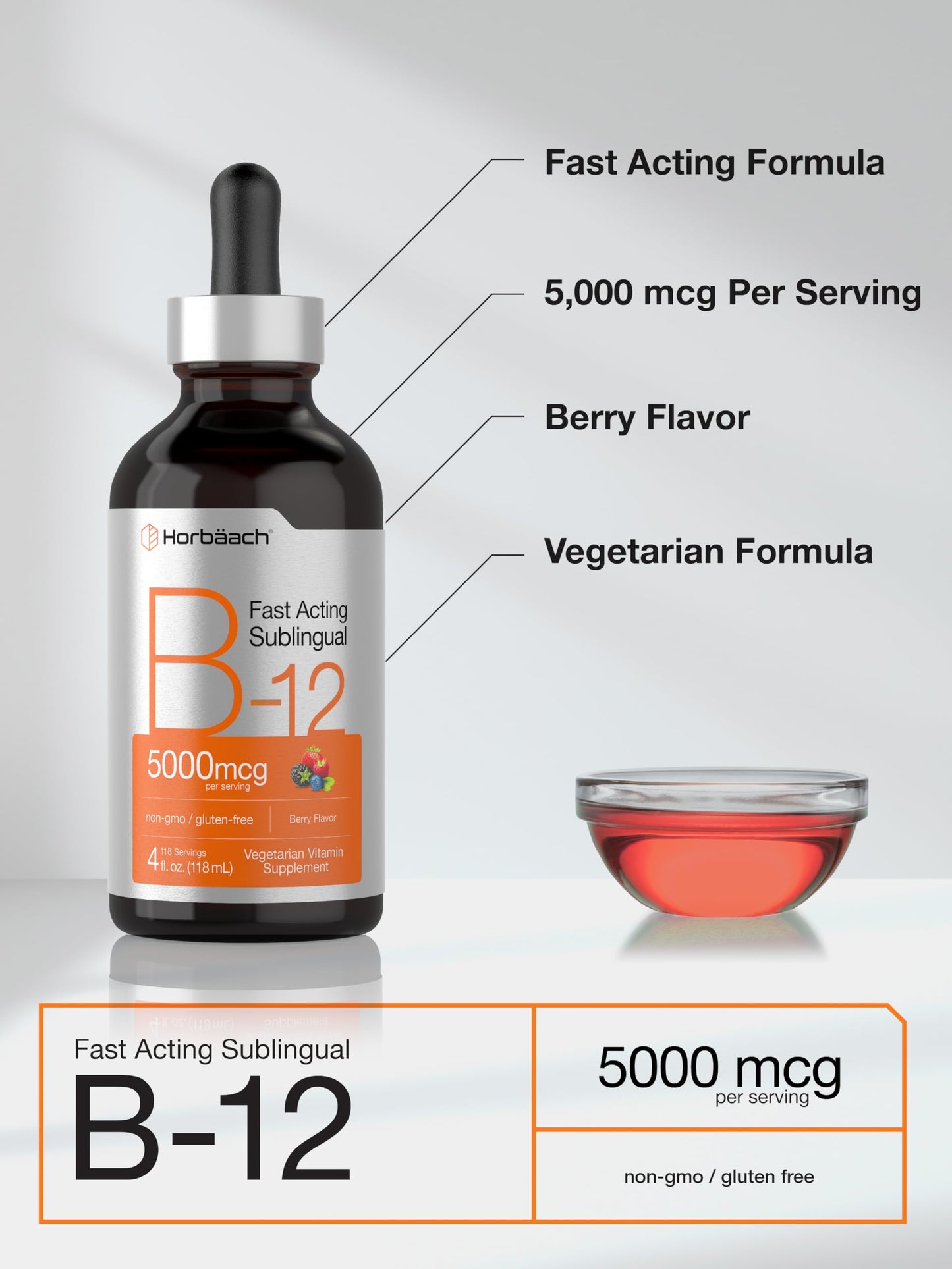 Horbaach B12 Vitamin 5000 mcg Sublingual Berry Flavor | 4 Fl Oz | Methylcobalamin & Cyanocobalamin | Non-GMO & Gluten Free