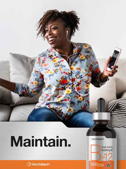 Horbaach B12 Vitamin 5000 mcg Sublingual Berry Flavor | 4 Fl Oz | Methylcobalamin & Cyanocobalamin | Non-GMO & Gluten Free