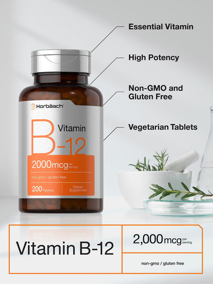 Horbäach B12 Vitamin 2000 mcg – 200 Tablets | Vegetarian, Non-GMO, Gluten Free