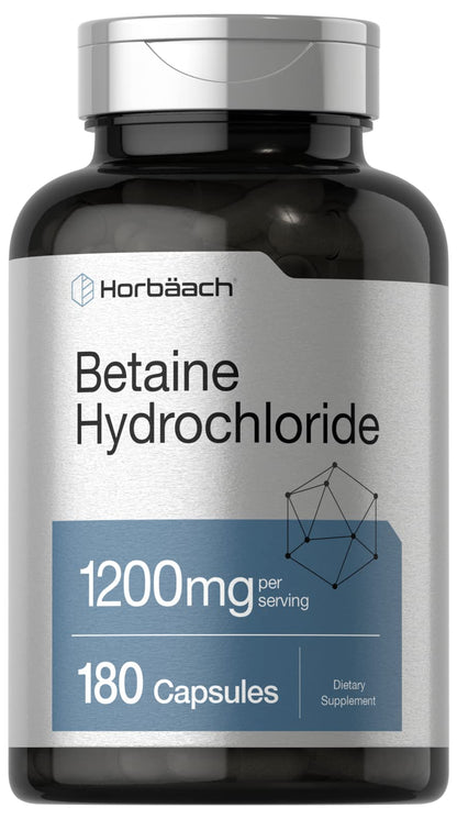 Horbäach Betaine HCl 1200mg – 180 Capsules | Non-GMO, Gluten Free
