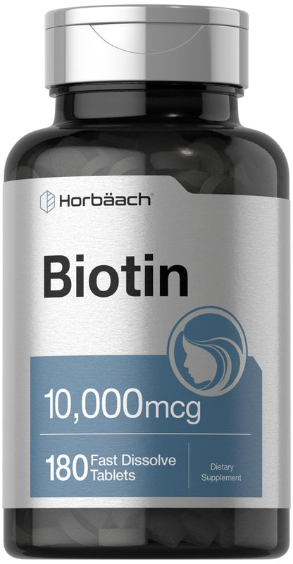 Horbäach Biotin 10000mcg | 180 Fast Dissolve Tablets | for Women & Men | Beauty Supplement | Vegetarian, Non-GMO, Gluten Free