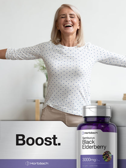 Horbäach Black Elderberry 3000mg Capsules - 180 Count | Non-GMO, Gluten Free Sambucus Extract Supplement