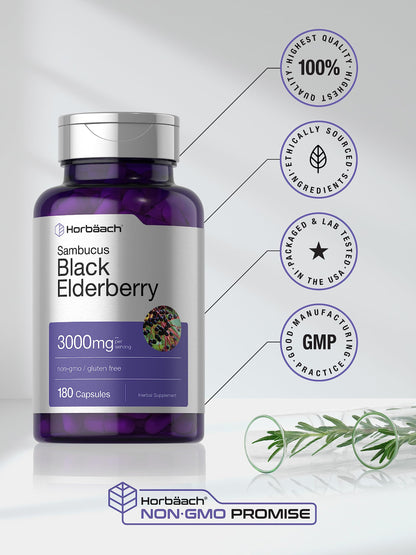 Horbäach Black Elderberry 3000mg Capsules - 180 Count | Non-GMO, Gluten Free Sambucus Extract Supplement