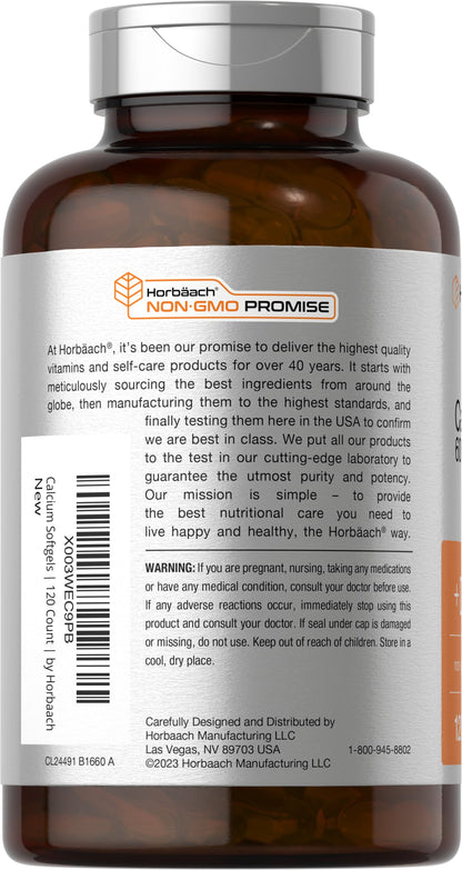 Horbäach Calcium Supplement with Vitamin D3 - 600 mg | 120 Softgels | Non-GMO & Gluten Free | For Men and Women