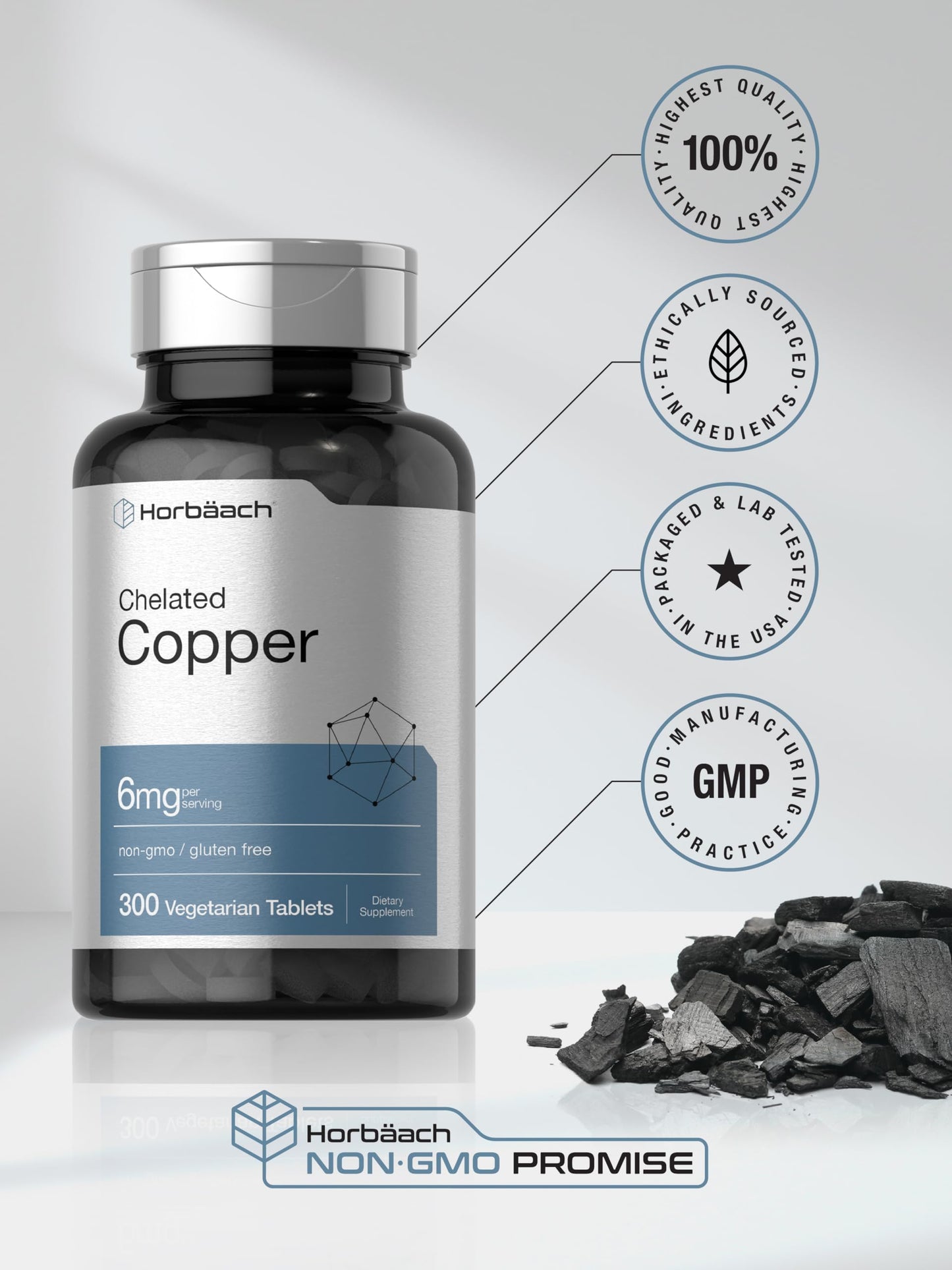 Horbäach Chelated Copper 6mg – 300 Tablets | Essential Trace Mineral | Vegetarian, Non-GMO, Gluten Free