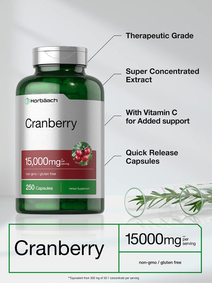 Horbäach Cranberry Pills + Vitamin C – 15,000mg, 250 Capsules | Non-GMO & Gluten Free (Concentrate Extract)