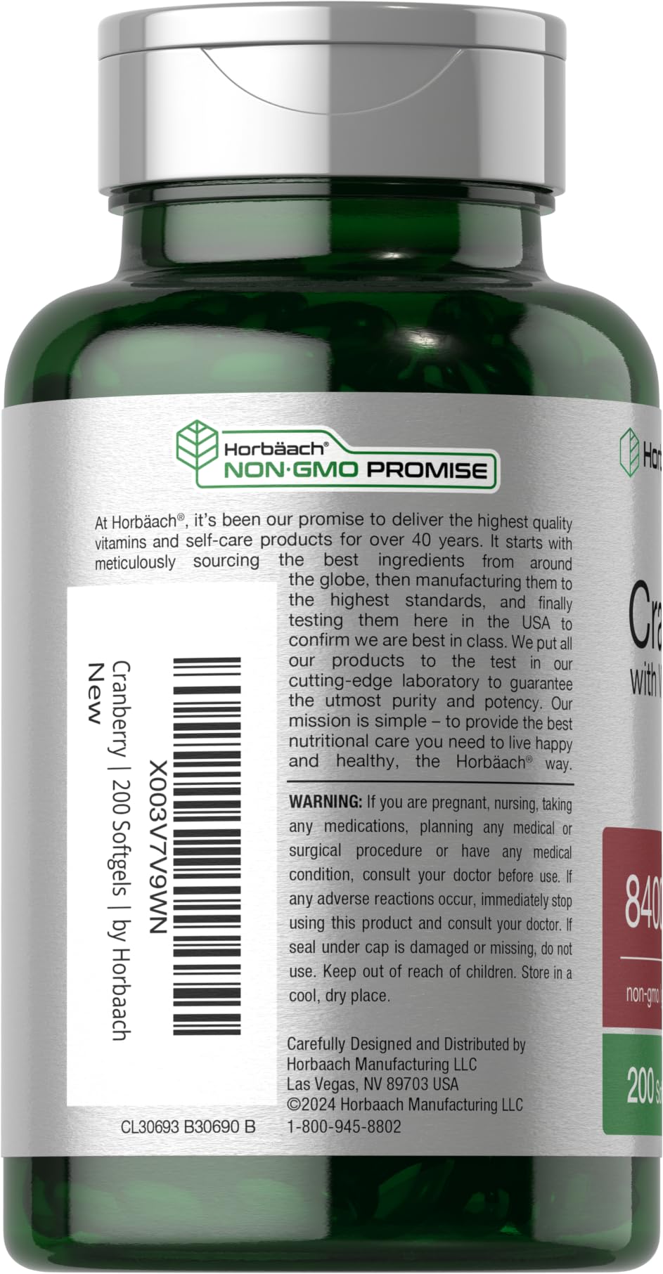 Horbäach Cranberry Pills for Women and Men – 8,400 mg per Serving, 200 Softgels | Vitamin C | Non-GMO, Gluten Free