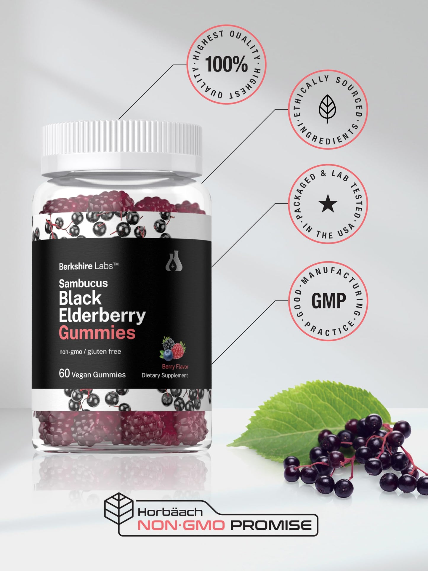 Horbaach Sambucus Black Elderberry Gummies – 60 Count, Vegan, Gluten Free, Vitamin C & Zinc