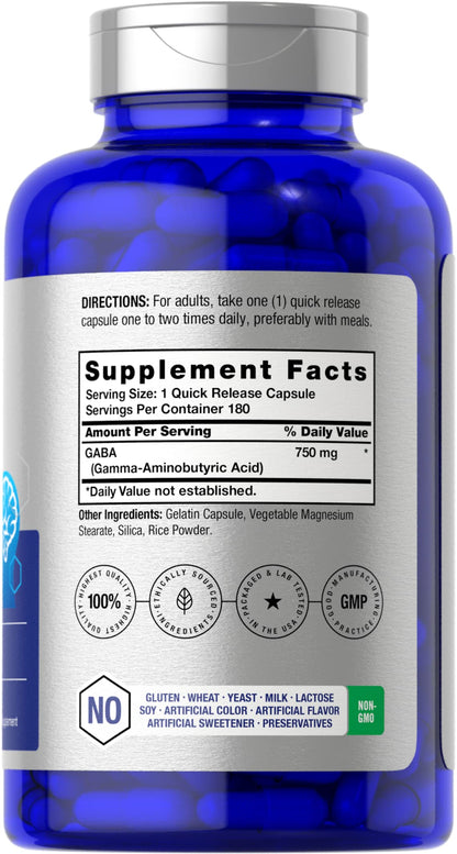 Horbäach GABA 750mg – 180 Capsules | Gamma Aminobutyric Acid, Gluten Free, Non-GMO