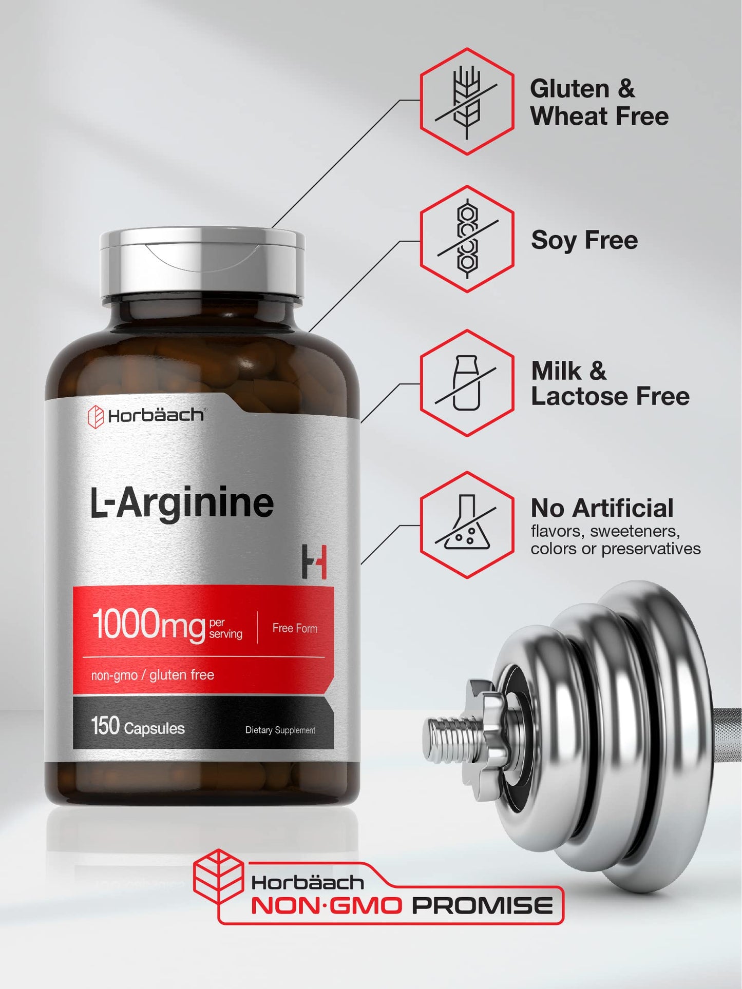 Horbäach L-Arginine 1000mg Capsules – Free-Form, Non-GMO & Gluten Free | 150 Powder Pills