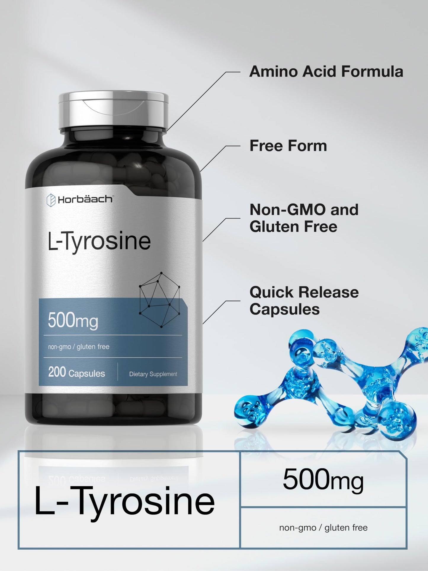 Horbäach L-Tyrosine Supplement | 500mg | 200 Capsules | Free Form | Non-GMO, Gluten Free