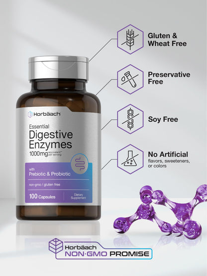 Horbäach Essential Digestive Enzymes – 100 Capsules | Non-GMO & Gluten Free