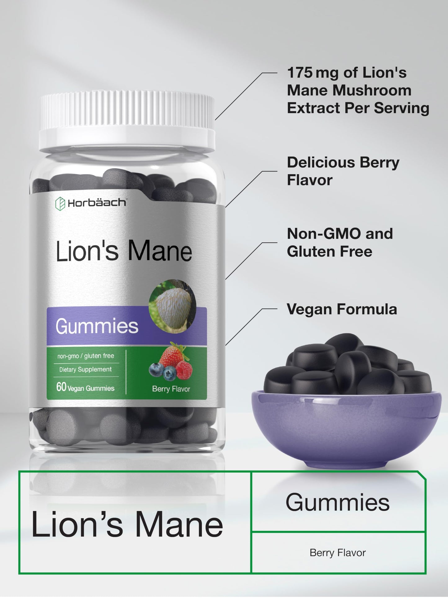 Horbäach Lion's Mane Supplement | 60 Vegan Gummies for Adults | Non-GMO and Gluten Free