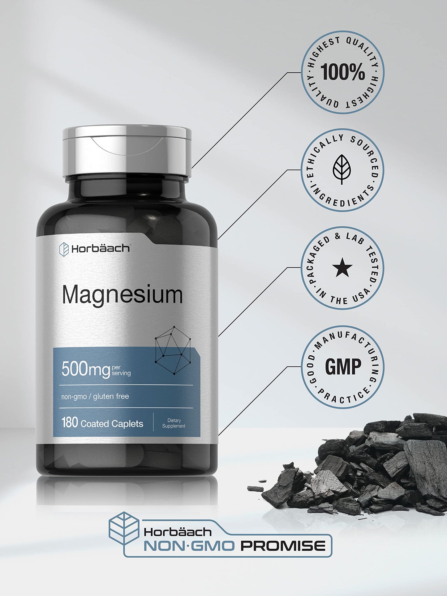 Horbäach Magnesium 500mg | 180 Caplets | Vegetarian, Gluten Free, Non-GMO