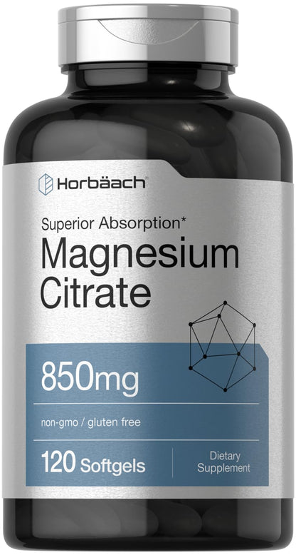 Horbäach Magnesium Citrate 850mg | 120 Softgels | Superior Absorption | Non-GMO