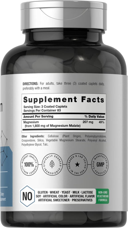 Horbäach Magnesium Malate 1800mg - 250 Coated Caplets | Vegetarian, Gluten Free, Non-GMO