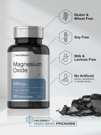 Horbäach Magnesium Oxide | 845 mg | 200 Coated Caplets | Vegetarian, Non-GMO, Gluten Free