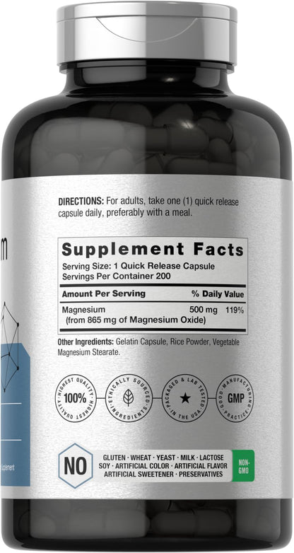 Horbäach Magnesium Oxide 865 mg | 200 Capsules | Non-GMO & Gluten Free