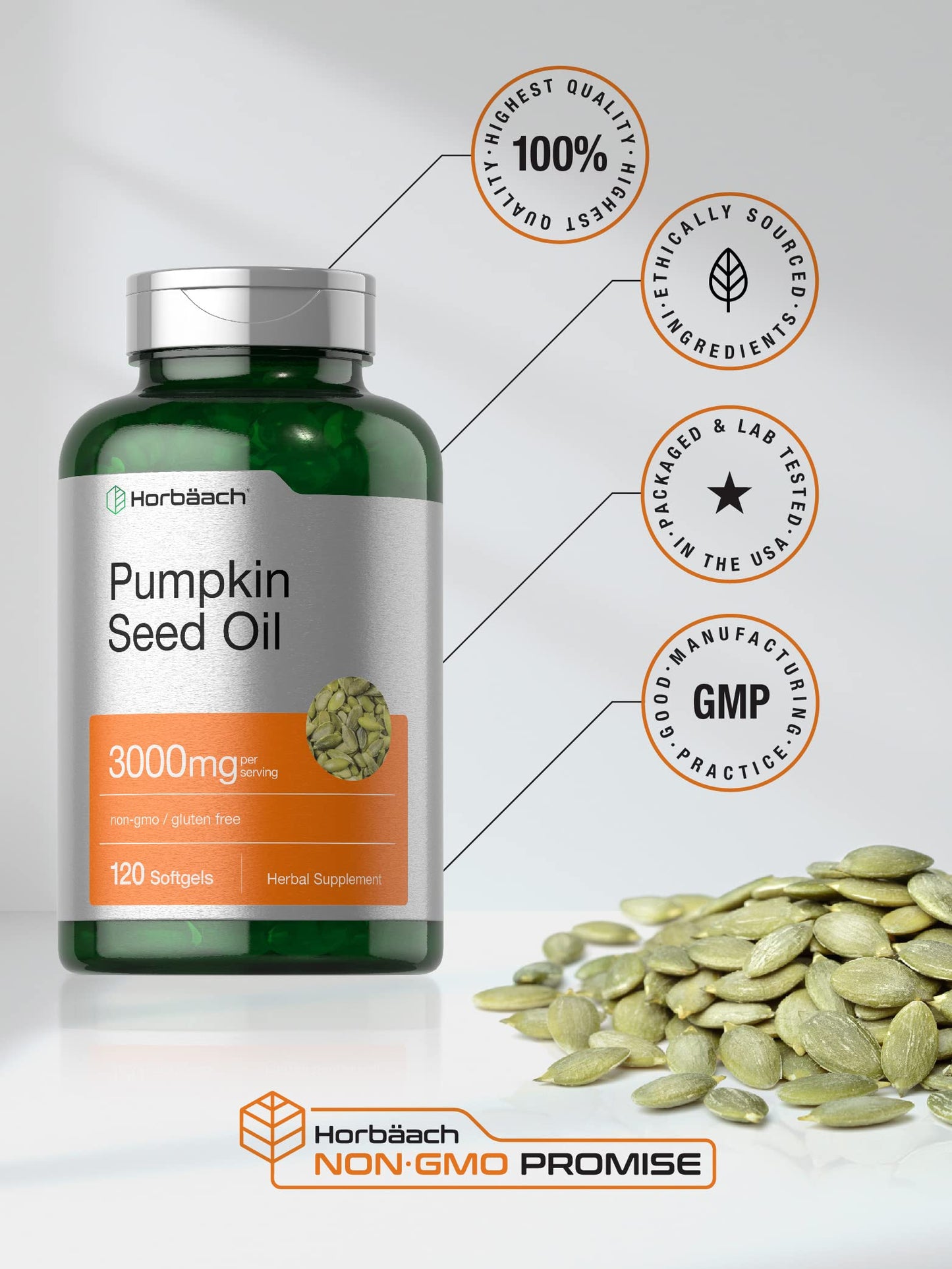 Horbäach Pumpkin Seed Oil 3000mg - 120 Softgels | Cold Pressed, Non-GMO & Gluten Free