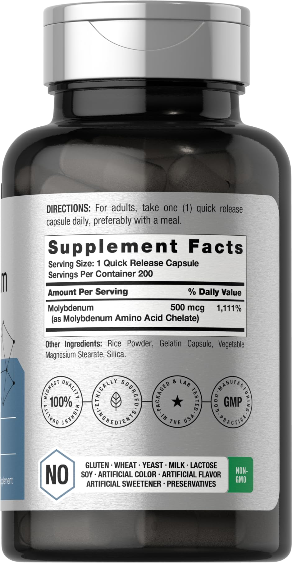 Horbaach Molybdenum Supplement | 500mcg | 200 Capsules | Amino Acid Chelate | Non-GMO, Gluten Free