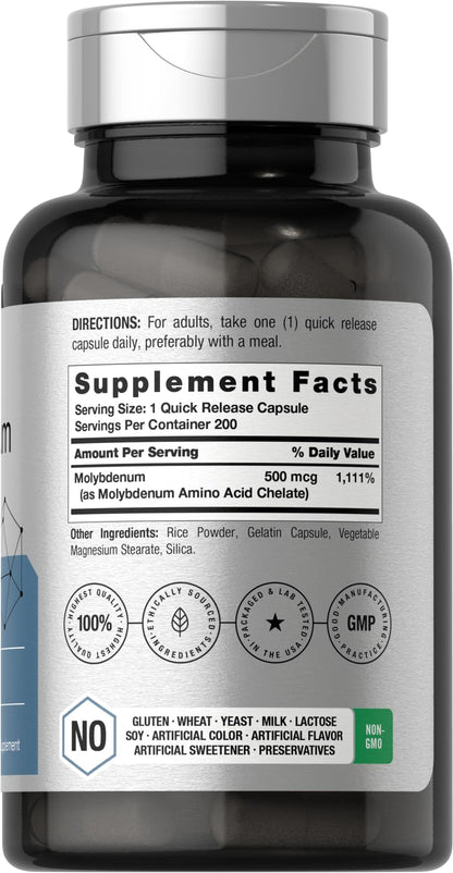 Horbaach Molybdenum Supplement | 500mcg | 200 Capsules | Amino Acid Chelate | Non-GMO, Gluten Free