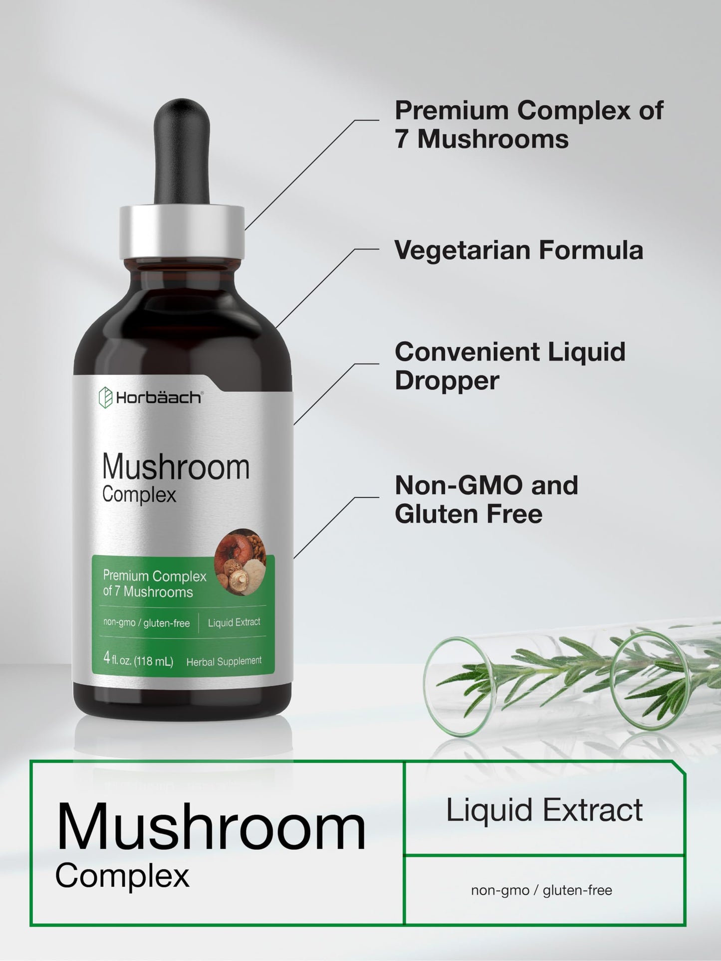 Horbäach Mushroom Complex – 4 Fl Oz Liquid Drops | Lion's Mane, Reishi, Shiitake & More – Vegetarian, Non-GMO