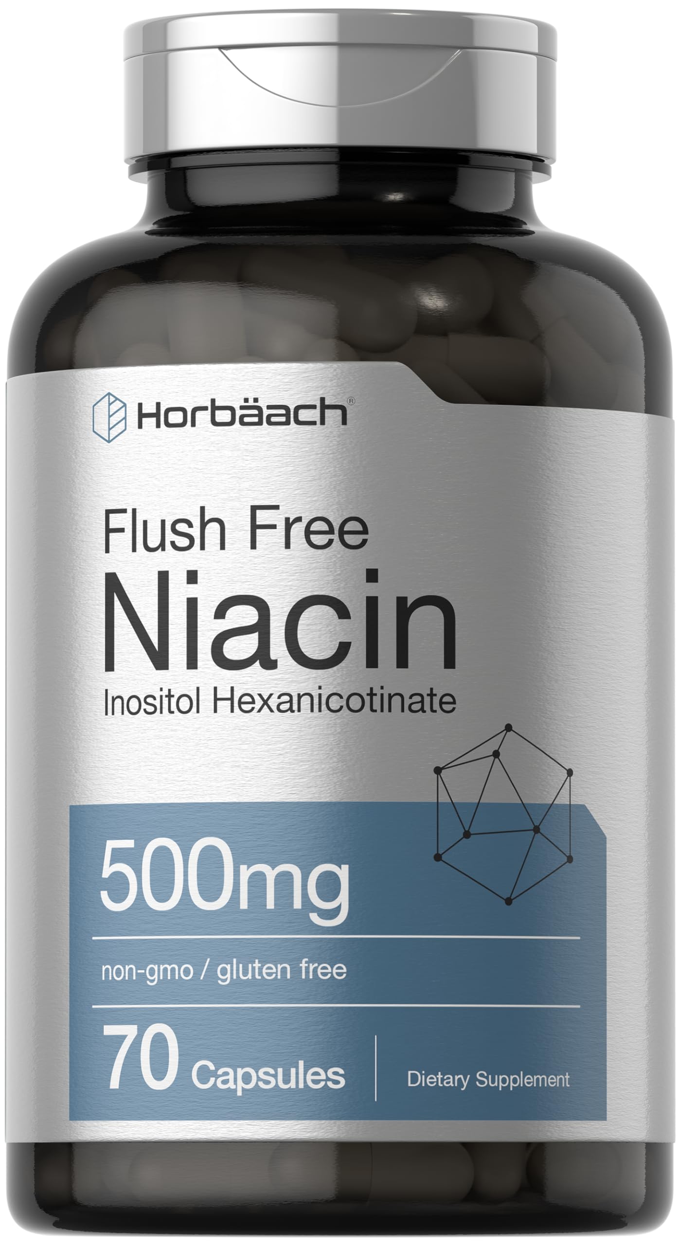 Horbaach Niacin 500mg – 70 Capsules – Flush Free (Inositol Hexanicotinate) – Non-GMO & Gluten Free