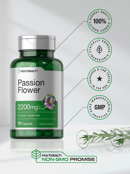 Horbäach Passion Flower Capsules - 2200mg, 90 Count, Non-GMO & Gluten Free