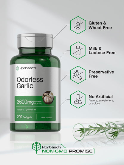 Horbäach Odorless Garlic Softgels 3600 mg - 200 Count - Ultra Potent Garlic Extract - Non-GMO & Gluten Free