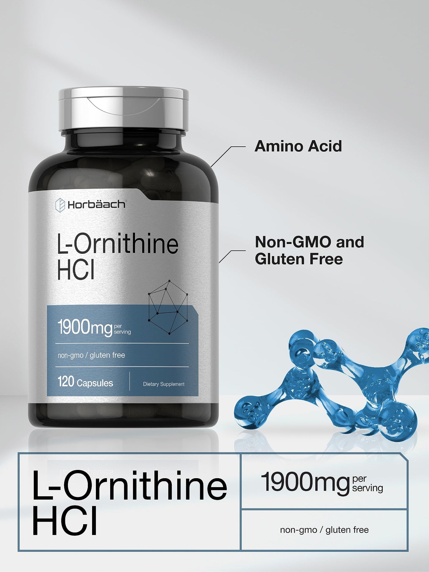 Horbäach L-Ornithine HCl 1900 mg | 120 Caps | Non-GMO & Gluten Free