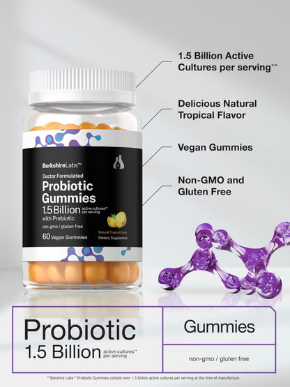 Horbäach Probiotic Gummies – 60 Count | 1.5B CFU + Prebiotic | Doctor Formulated | Vegan, Gluten Free | Berkshire Labs