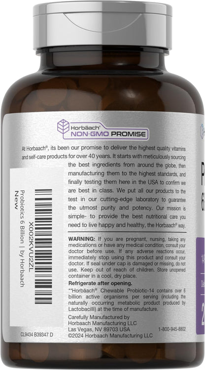 Horbäach Probiotics 6 Billion CFUs - 200 Chewables, Berry Flavor, 14 Strains