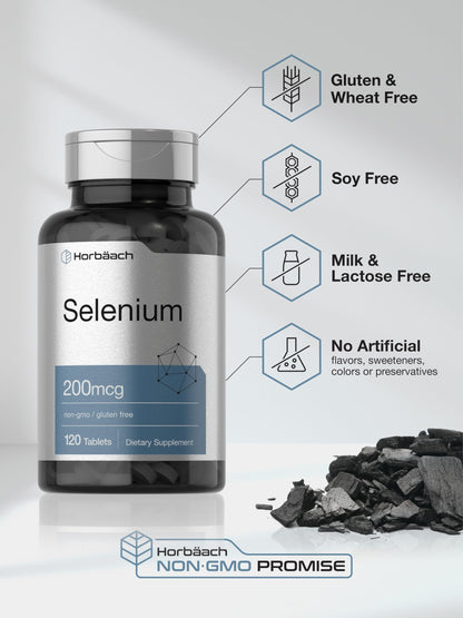 Horbäach Selenium 200 mcg Supplement – 120 Tablets | Non-GMO & Gluten Free