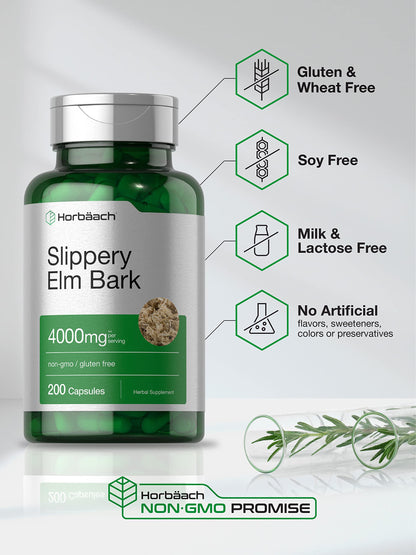 Horbäach Slippery Elm Bark Capsules | 200 Count | Non-GMO & Gluten Free