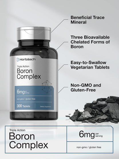Horbäach Triple Boron Complex 6 mg – 300 Tablets | Men & Women | Vegetarian, Non-GMO, Gluten Free