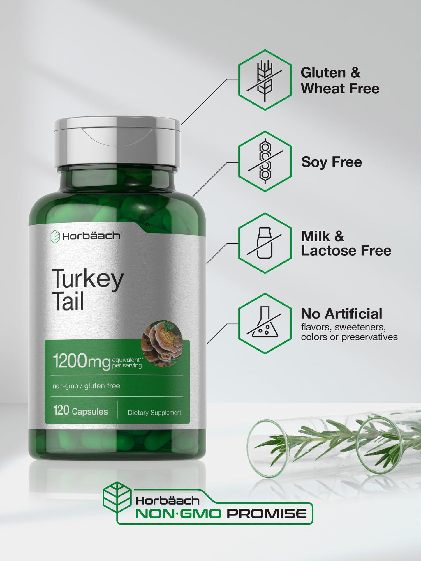 Horbäach Turkey Tail Mushroom Capsules - 1200mg, 120 Count | Non-GMO, Gluten Free