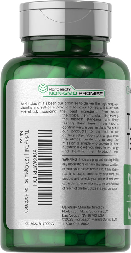 Horbäach Turkey Tail Mushroom Capsules - 1200mg, 120 Count | Non-GMO, Gluten Free