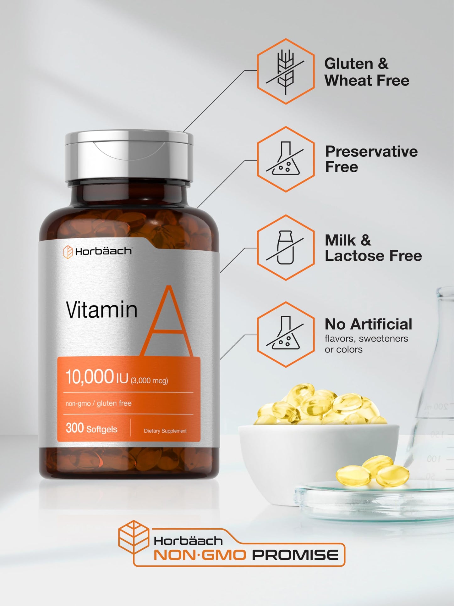 Horbäach Vitamin A 10,000 IU Softgels – 300 Count | Non-GMO, Gluten Free