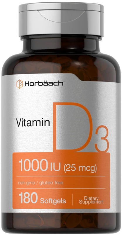 Horbäach Vitamin D3 1000IU Softgels – 180 Count, Non-GMO & Gluten Free