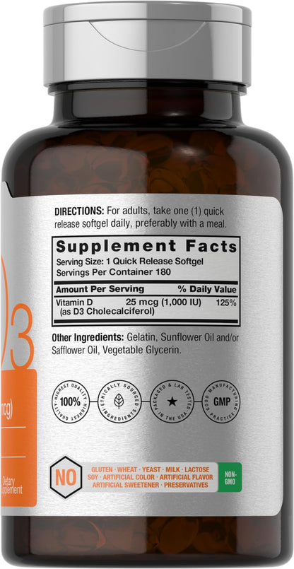 Horbäach Vitamin D3 1000IU Softgels – 180 Count, Non-GMO & Gluten Free