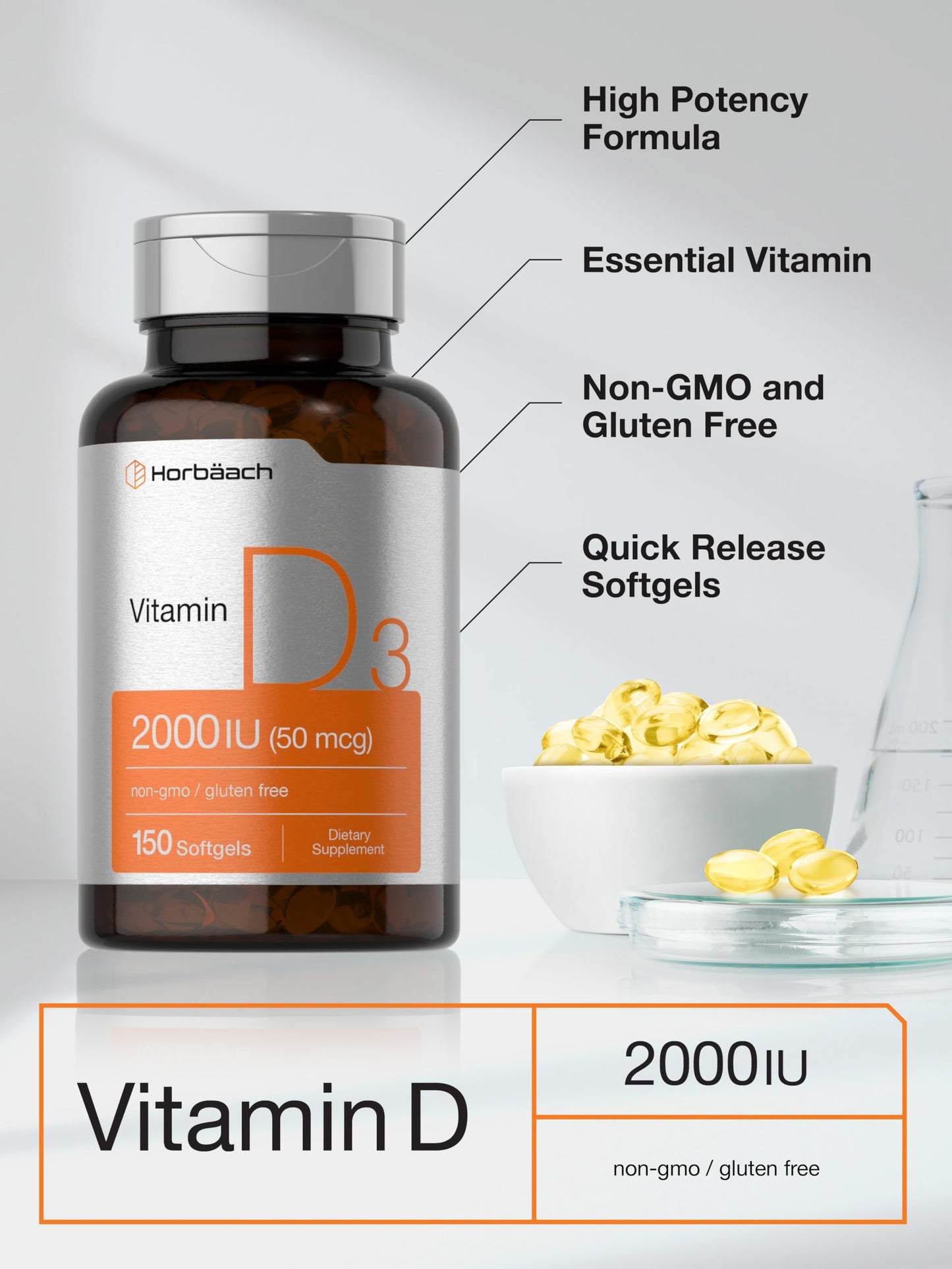Horbaach Vitamin D3 2000IU Softgels | 150 Count | 50 mcg Cholecalciferol | Non-GMO & Gluten Free