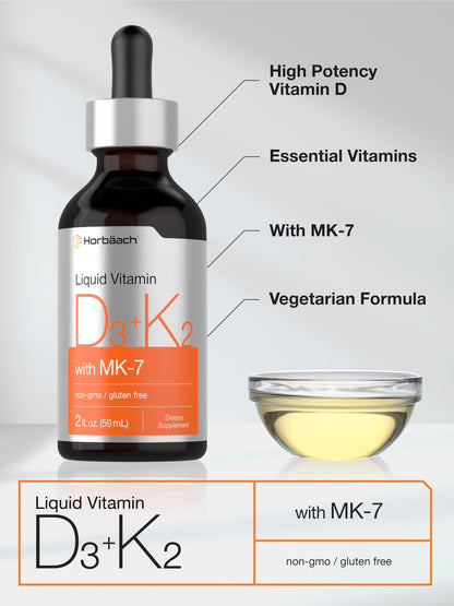 Horbäach Vitamin D3 K2 Liquid Drops with MK-7 – 2 oz | Vegetarian, Non-GMO, Gluten Free
