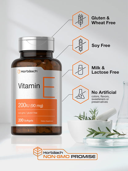 Horbäach Vitamin E Softgel Capsules – 200 IU (90 mg) | 200 Count | Non-GMO & Gluten Free