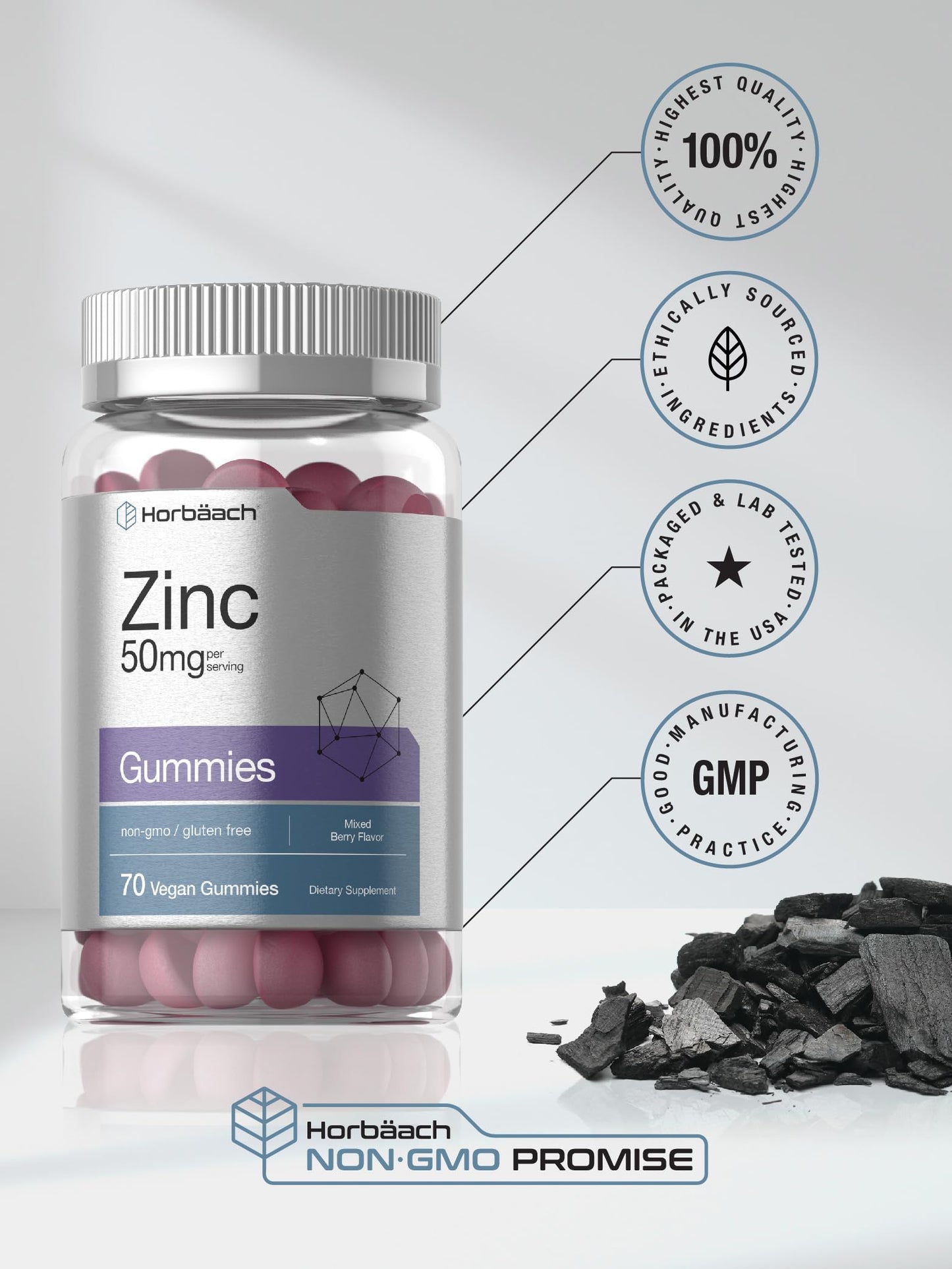 Horbäach Zinc 50mg Gummies | 70 Mixed Berry | Vegan, Non-GMO & Gluten Free | Zinc Citrate