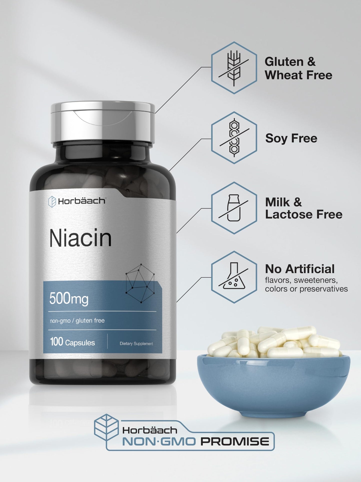 Horbäach Niacin Vitamin B3 500mg - 100 Capsules | Gluten Free & Non-GMO