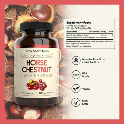 Primal Health Foods Horse Chestnut Extract 500 mg – 120 Servings | Varicose Veins & Blood Health | Vegetarian, Non-GMO & Gluten Free