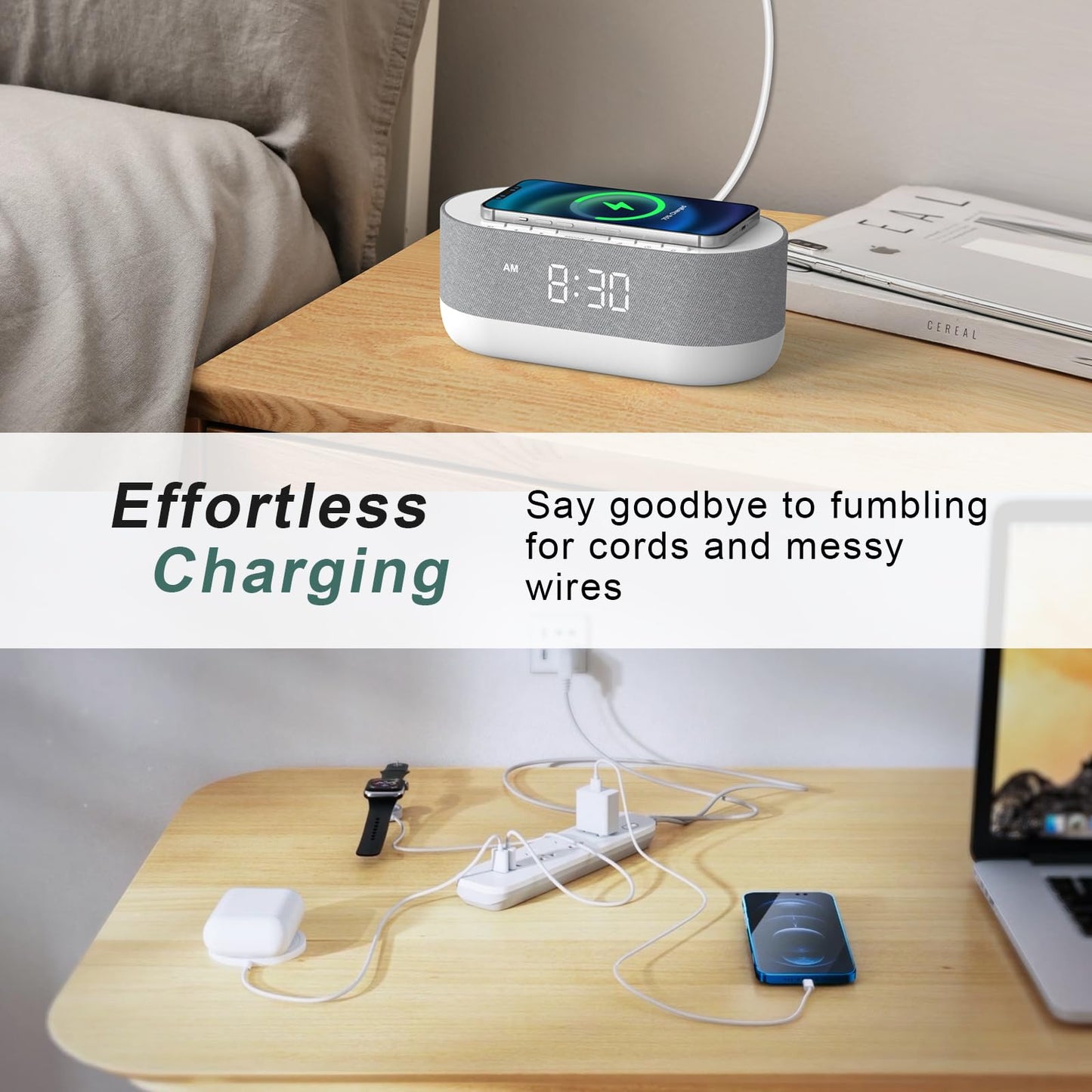 HOUSBAY 3 in 1 Sound Machine Alarm Clock & Wireless Charger – Soothing White Noise, Bluetooth Music & Customized Sleep-Wake Routine