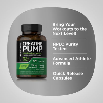 Fitness Labs Creatine Capsules | 120 Count, 3000mg Creatine Monohydrate, Pump & NO Precursor | HPLC Tested | Non-GMO