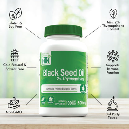 Health Thru Nutrition Black Seed Oil 500mg | 2% Thymoquinone | 100 Softgels | Organic, Non-GMO, Gluten & Soy Free