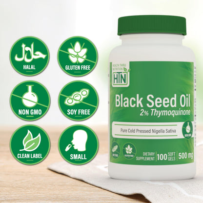 Health Thru Nutrition Black Seed Oil 500mg | 2% Thymoquinone | 100 Softgels | Organic, Non-GMO, Gluten & Soy Free